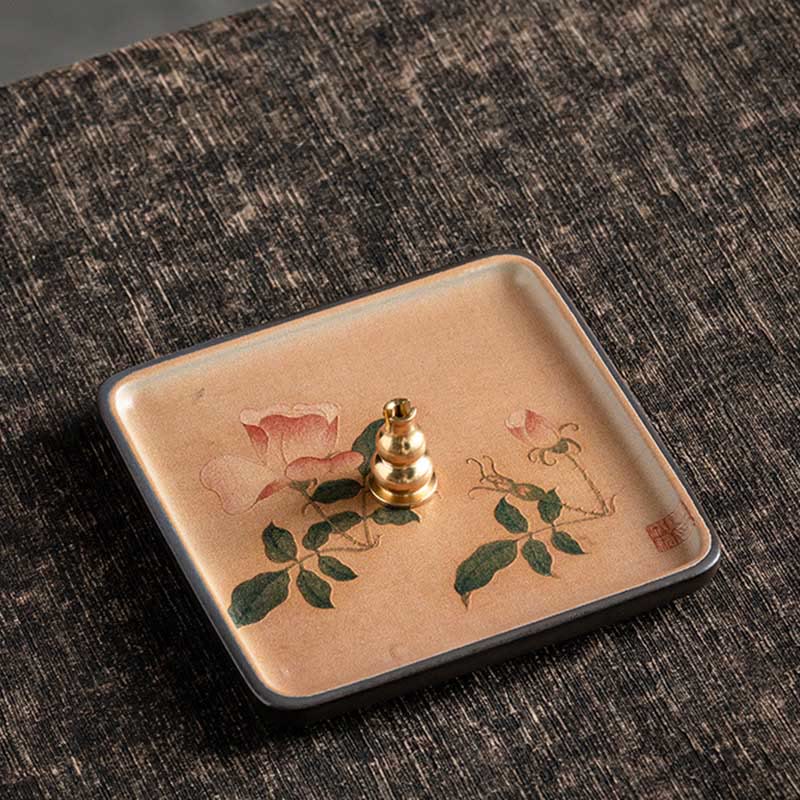 Rose Incense Burner – Pink roses with green leaves on cream ceramic plate, brass pagoda incense holder
