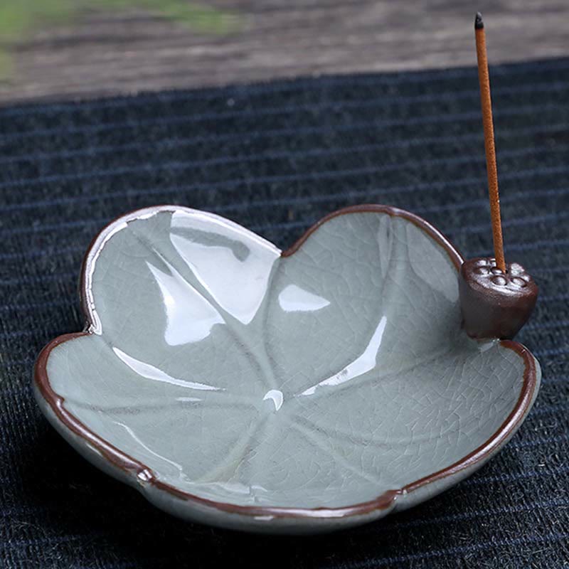 Lotus Ceramic Backflow Incense Burner - five-petal flower ash catcher with celadon crackle glaze finish