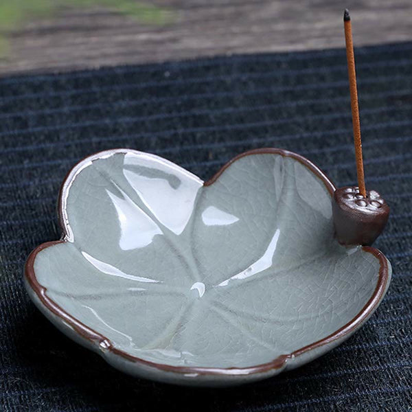 Lotus Ceramic Backflow Incense Burner - five-petal flower ash catcher with celadon crackle glaze finish