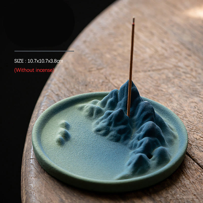 Ceramic Backflow Incense Burner – Green mountain dish with incense stick on wood, 10.7x10.7x3.8cm, zen decor
