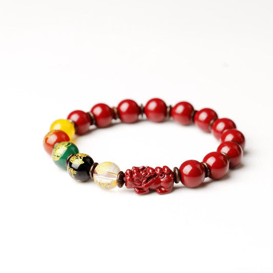 Cinnabar PiXiu Blessing Bracelet – Red cinnabar beads with five-color charms and red PiXiu on white