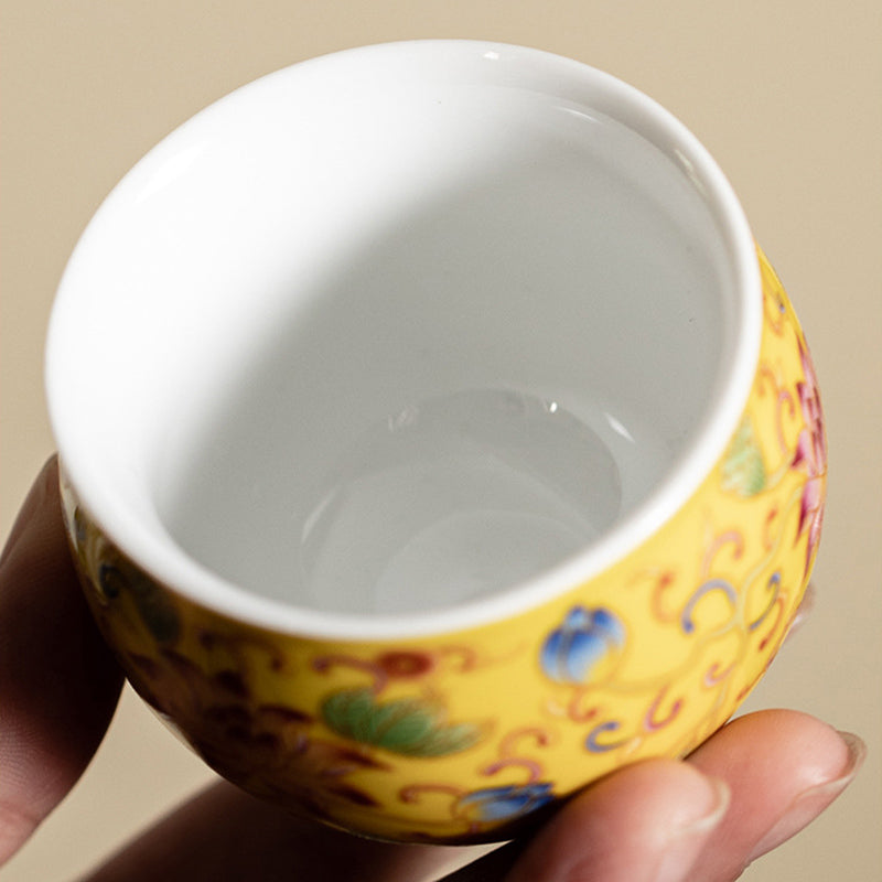 Lotus Pod Ceramic Tea Cup – overhead view into white interior with yellow lotus exterior