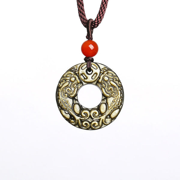 Peace Buckle PiXiu Necklace – Isolated gold sheen obsidian PiXiu disc pendant with red bead on white, wealth gift