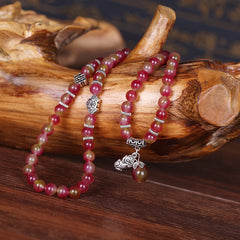 Watermelon Tourmaline Bracelet – Triple wrap on driftwood with silver spacers and PiXiu charm