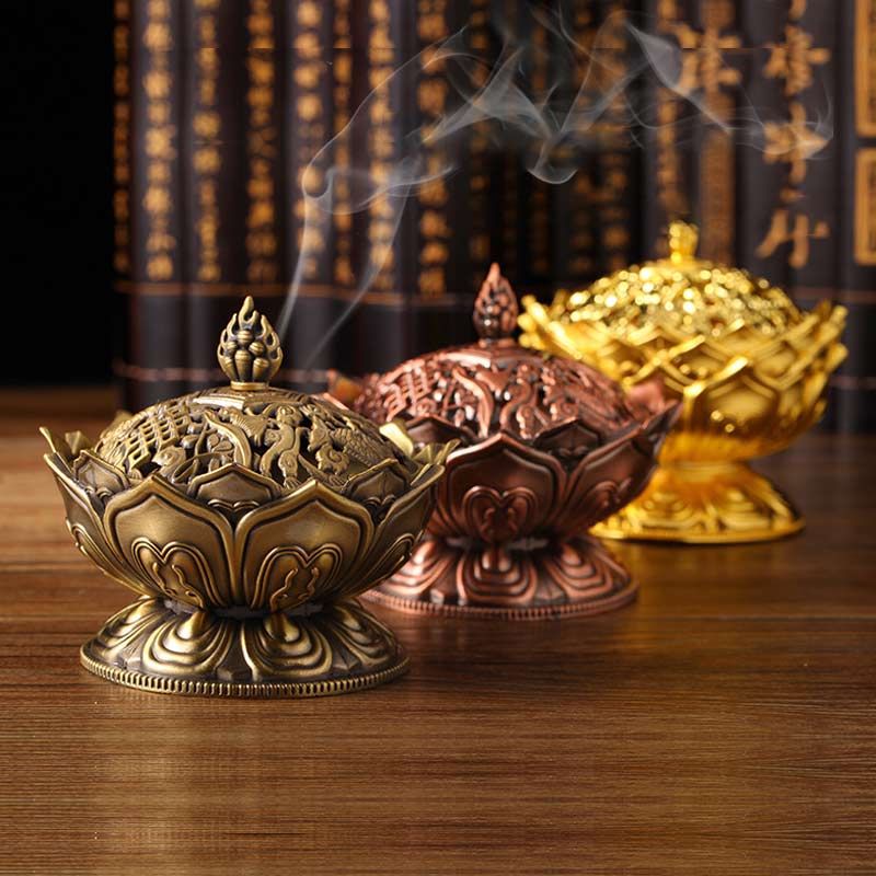 Lotus Shaped Incense Burner - Three color variants bronze copper gold arranged diagonally, Spiritual purification