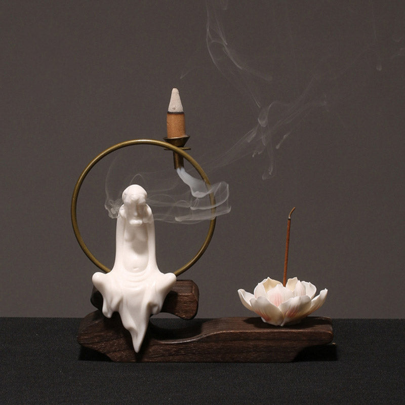 Ceramic Lotus Incense Burner – celadon figure, brass ring, lotus cup, jade glaze, calm