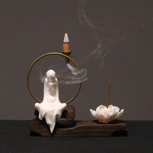 Ceramic Lotus Incense Burner – celadon figure, brass ring, lotus cup, jade glaze, calm