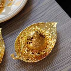 Tibetan Gold Leaf Coaster Incense Burner – Gold domed lid with pierced flower pattern on leaf tray, ornate brass decor