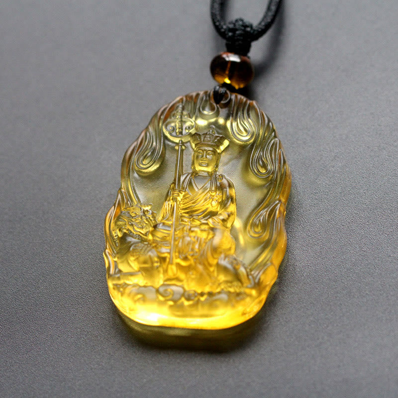 Ksitigarbha Buddha Liuli Crystal Necklace - Yellow amber crystal amulet seated deity, black cord pendant