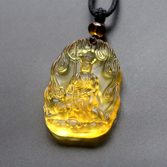 Ksitigarbha Buddha Liuli Crystal Necklace - Yellow amber crystal amulet seated deity, black cord pendant