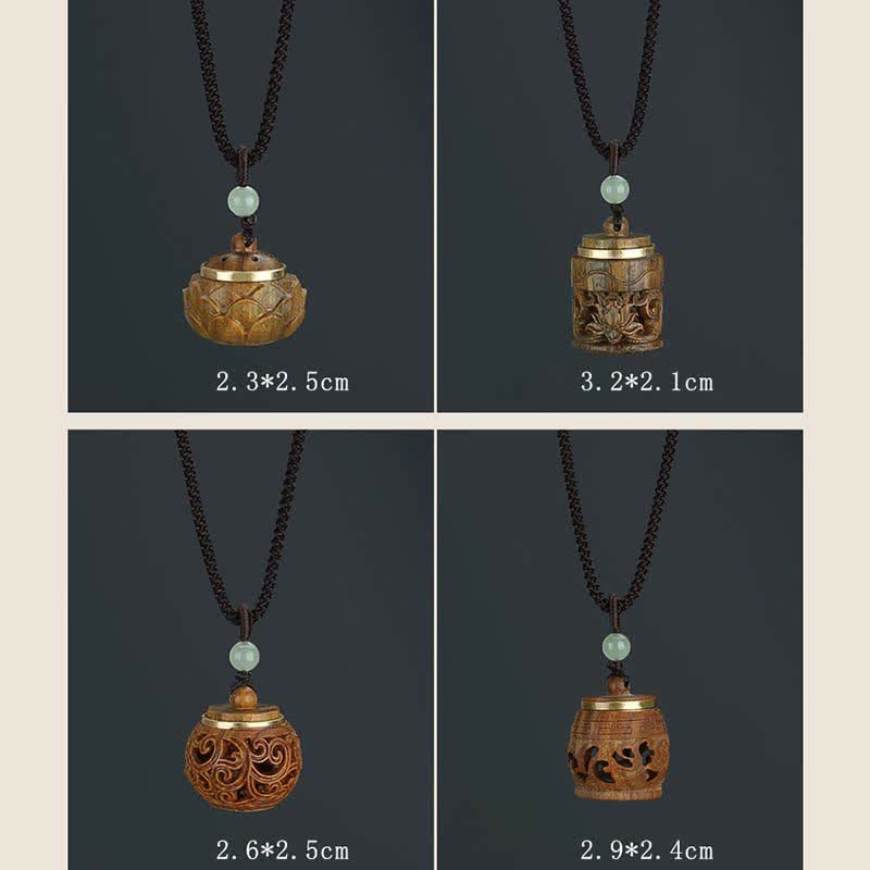 Om Mani Padme Hum Necklace – Four carved pendant styles: lotus dome, cylinder, sphere, barrel with dimensions, zen
