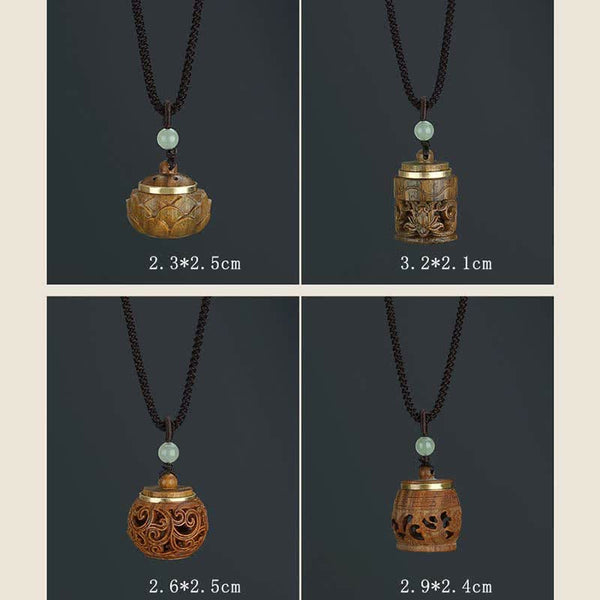 Om Mani Padme Hum Necklace – Four carved pendant styles: lotus dome, cylinder, sphere, barrel with dimensions, zen