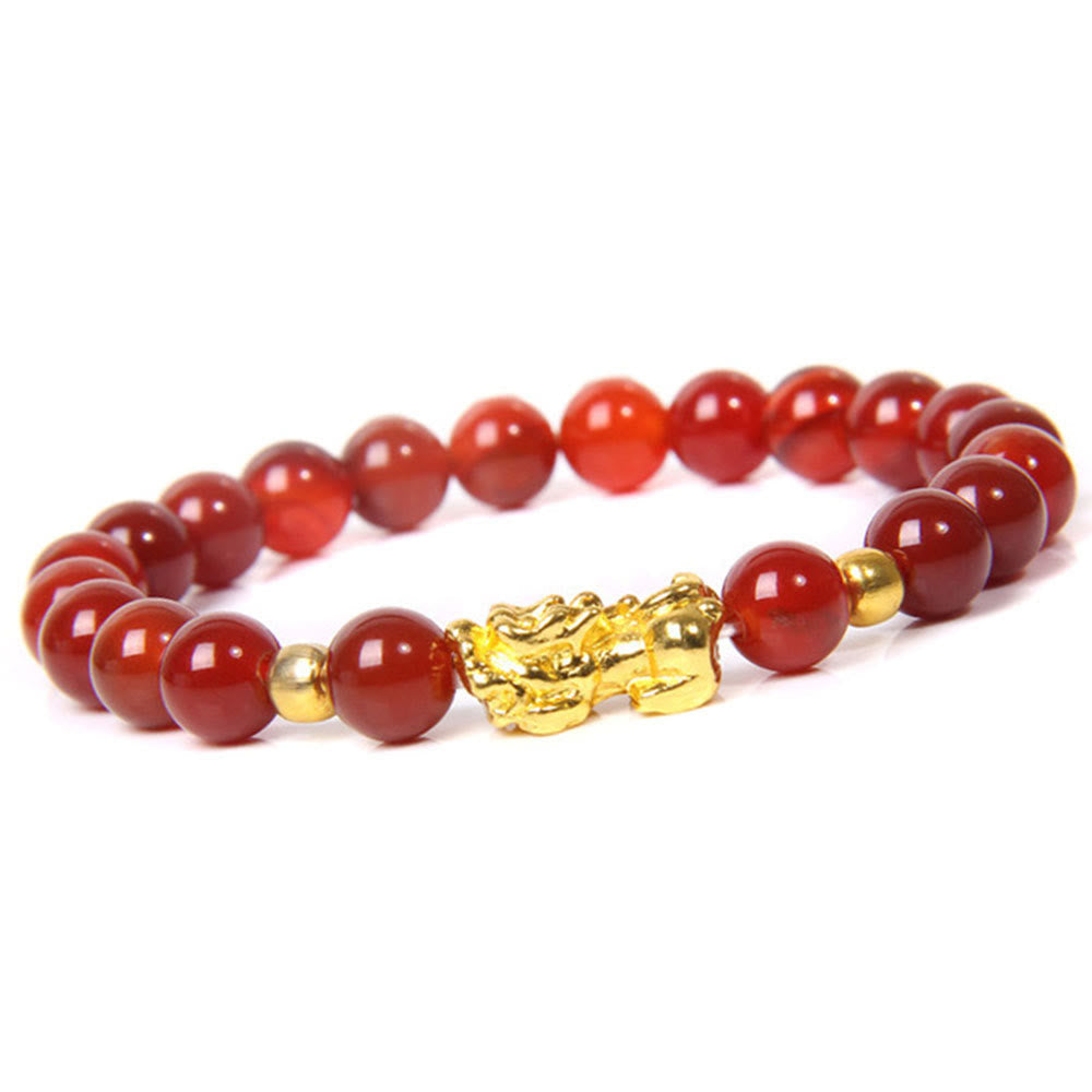FengShui Obsidian Red Agate Tiger Eye PiXiu Wealth Bracelet – red agate beads with gold pi xiu on white background, good luck jewelry