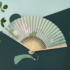 Lotus Koi Fish Folding Fan - partially opened showing lotus pond watercolor art, serene