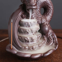 Dragon Pattern Ceramic Incense Burner – low angle close-up of dragon head with lit cone, Aromatherapy