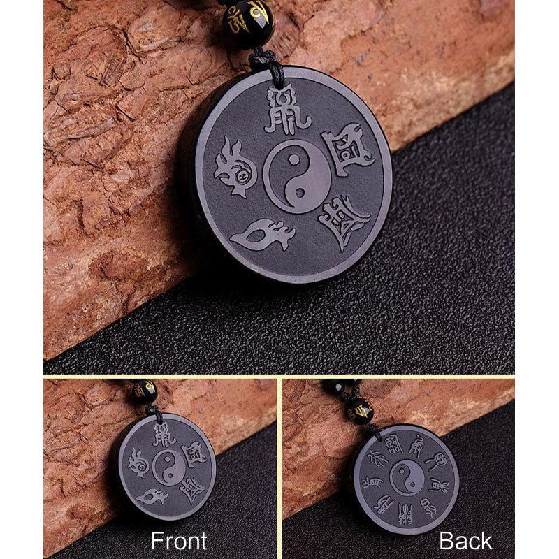 Black Obsidian Bagua Key Chain – Front and back dual-sided Bagua pendant, nine-charm amulet