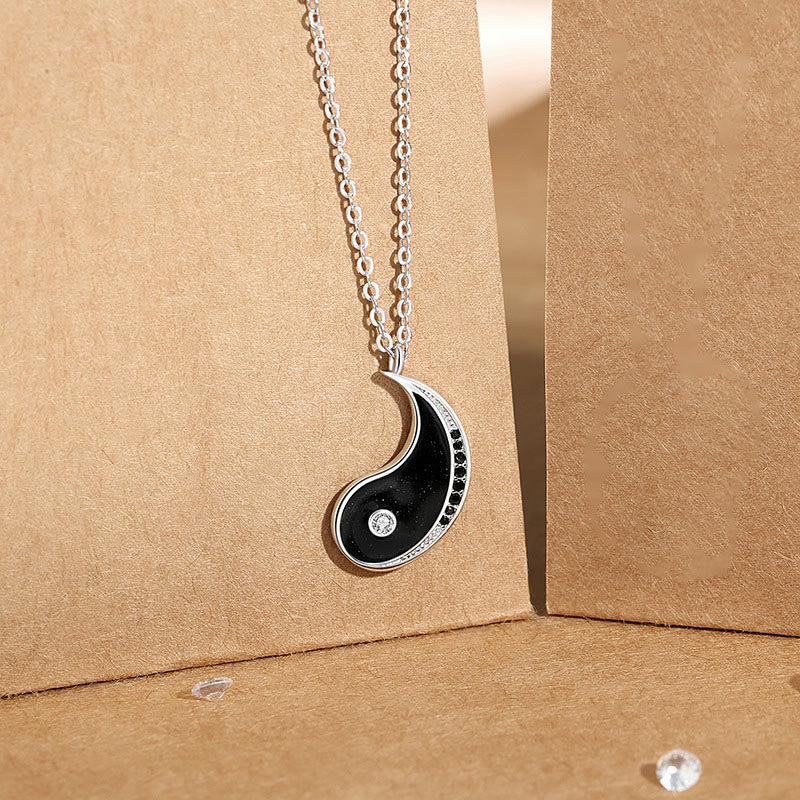 925 Sterling Silver Yin Yang Harmony Necklace Pendant – Black yin-yang pendant half with crystal border, silver chain on kraf