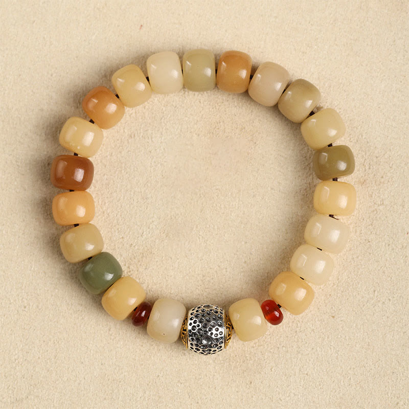 Natural Bodhi Seed Om Mani Padme Hum Wisdom Bracelet - Silver filigree bead, red spacers