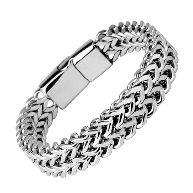Fish Scale Titanium Steel Magnetic Bracelet – silver double woven chain with box clasp, white seamless background, 45-degree view