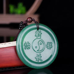 Green Aventurine Yin Yang Balance Necklace Pendant – yin-yang carved stone on dark cord, aventurine