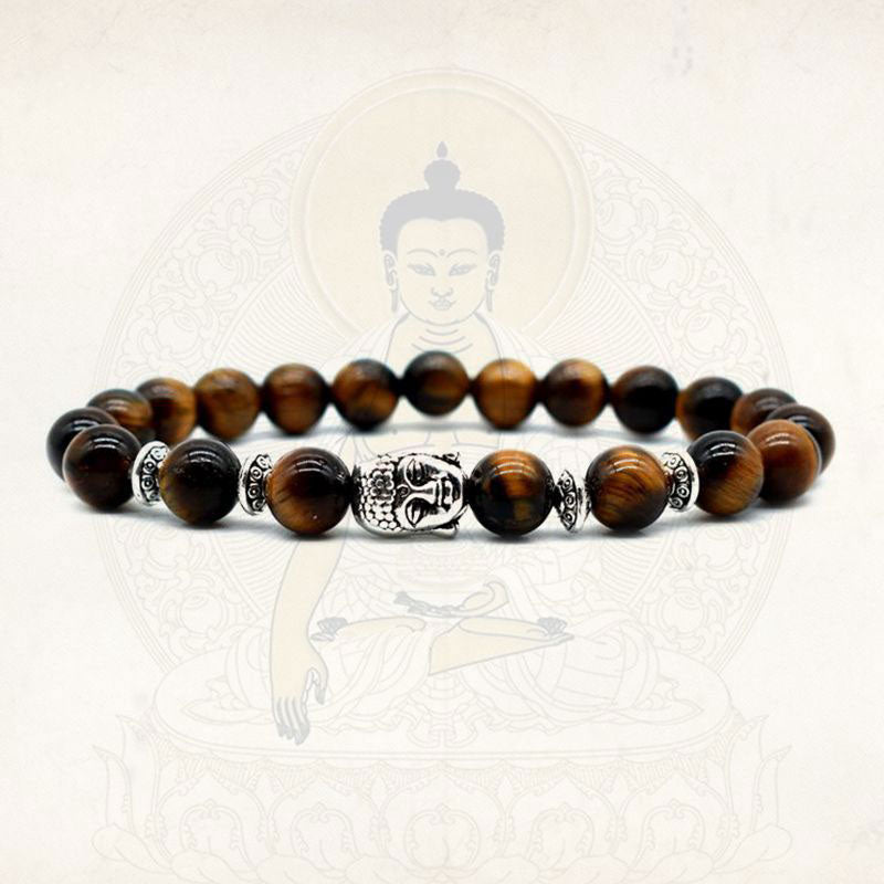 Amethyst Buddha Bracelet – Tiger eye front view with Buddha silhouette background, protection jewelry