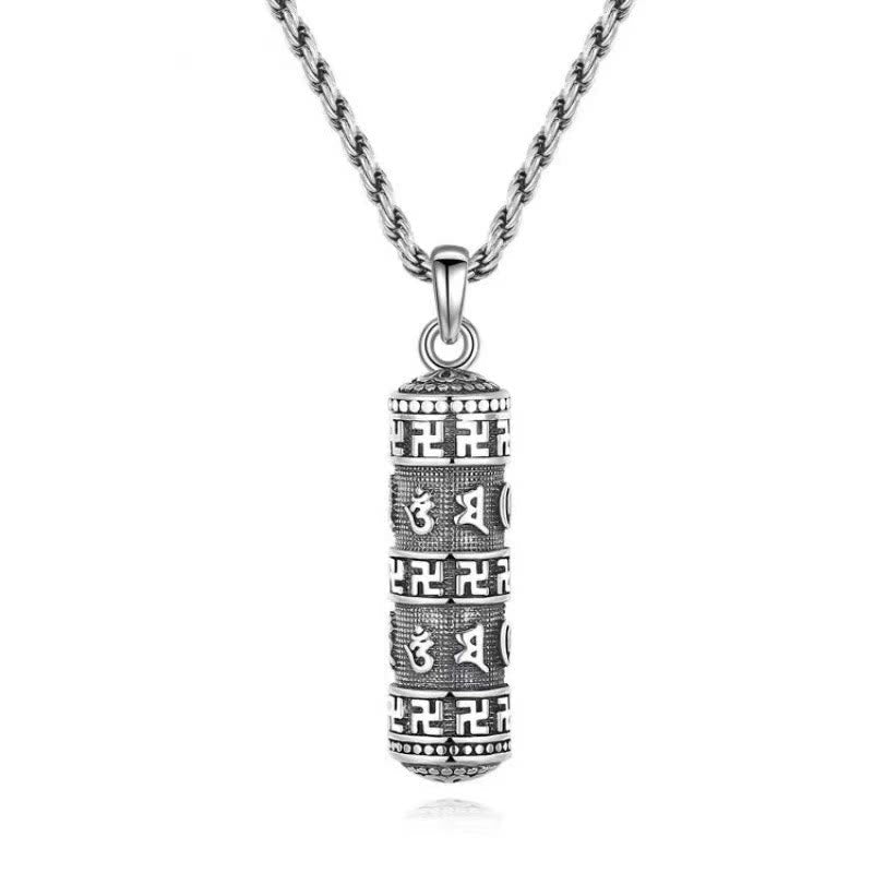 Copper Om Mani Padme Hum Necklace – Front view of barrel-shaped pendant with alternating swastika and Om mantra bands on wheat chain, silver spiritual jewelry