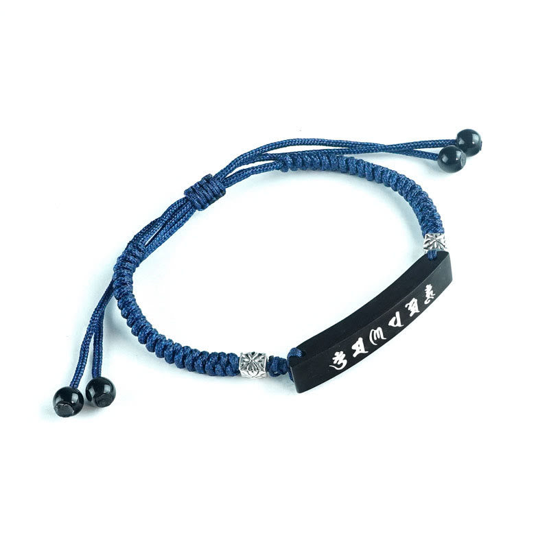 Om Mani Padme Hum Blue Bracelet – Pure white background, showing adjustable knot and ebony bar