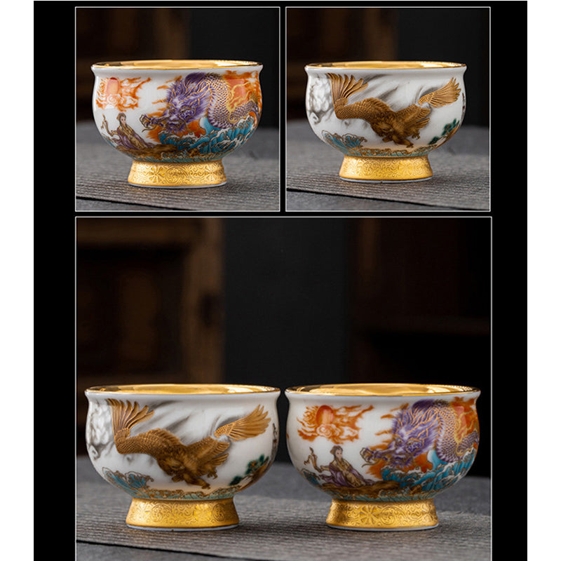 Golden Eagle Dragon Gilt Ceramic Teacup – four-panel composite of dragon and eagle cups with gold interior, relief patterns, set