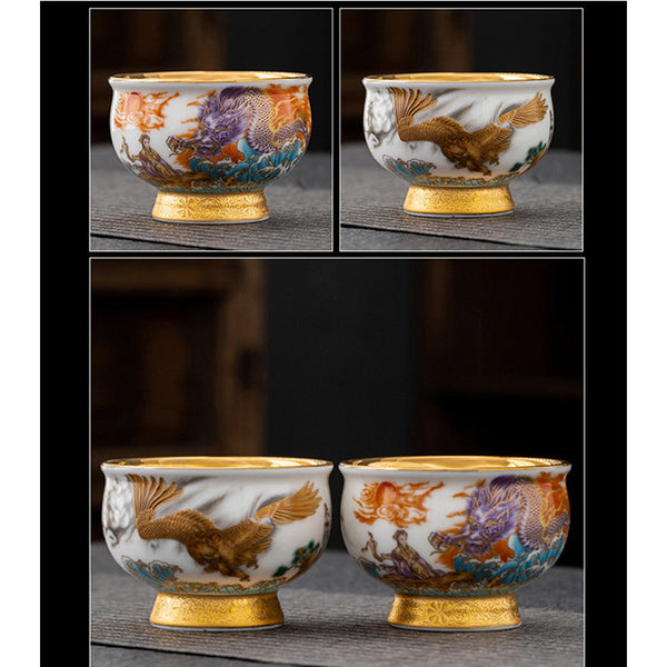 Golden Eagle Dragon Gilt Ceramic Teacup – four-panel composite of dragon and eagle cups with gold interior, relief patterns, set