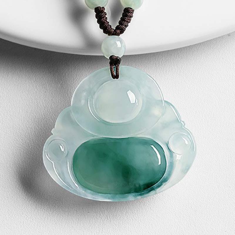 Cyan Jade Buddha Luck Necklace Pendant – polished back side on white backdrop with moss-green inclusion, clarity