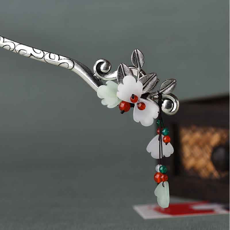 Red Agate Jade Flower Hair Pin, hairpin detail showing carved silver stem and floral design