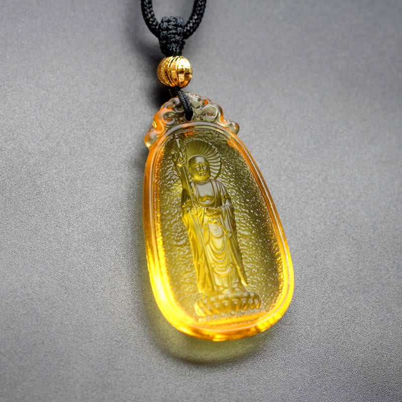 Ksitigarbha Buddha Liuli Crystal Necklace - Yellow standing Buddha ornate top, detailed liuli carving