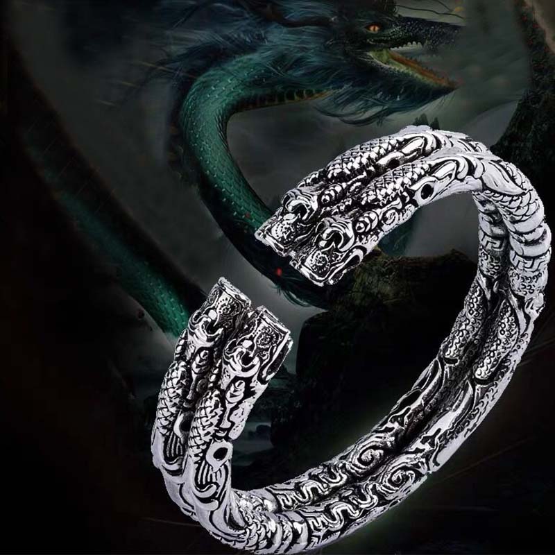 Dragon Auspicious Clouds Bangle – fantasy dragon background with carved cuff, Mythical Power