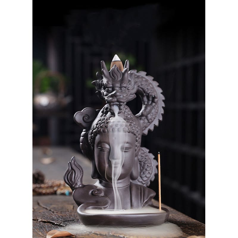 Purple Clay Incense Burner - Buddha face close-up serene expression, spiritual gift item