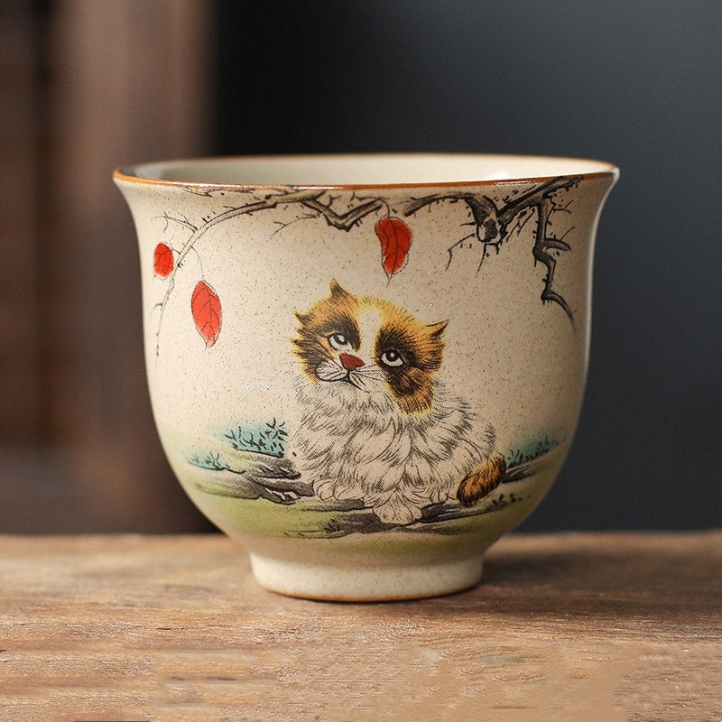 Chinese Zodiac Ceramic Teacup - Persian cat with autumn leaves tea cup, hand-painted stoneware