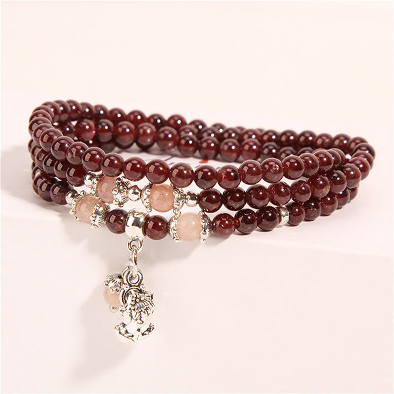 Garnet Strawberry Quartz Green Beans PiXiu Wrap Bracelet – garnet wrap bracelet with small PiXiu charm on beige
