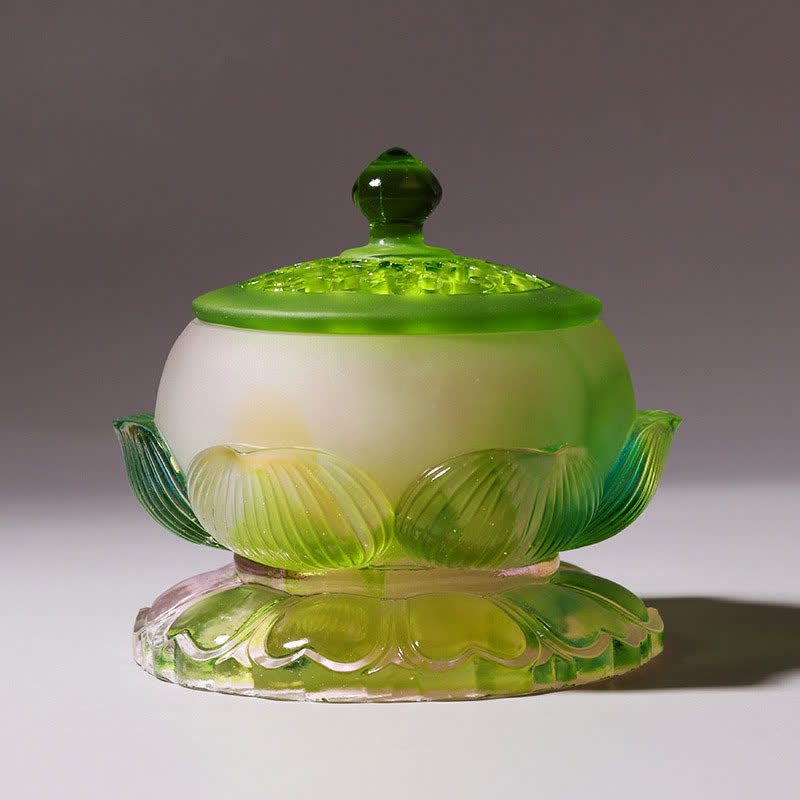 Feng Shui Lotus Liuli Crystal – green lotus-form lidded jar with petal base, sacred vessel