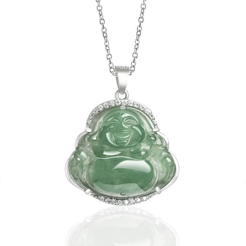 Laughing Buddha Natural Jade Luck Prosperity Necklace Titanium Steel Pendant – Green jade Maitreya on chain, luck gift