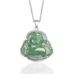 Laughing Buddha Natural Jade Luck Prosperity Necklace Titanium Steel Pendant – Green jade Maitreya on chain, luck gift