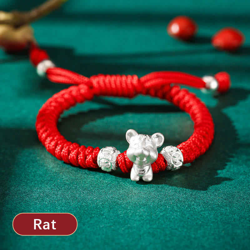 999 Sterling Silver Zodiac Red Rope Kids Bracelet - Rat zodiac charm on red knotted cord with beads, protective talisman