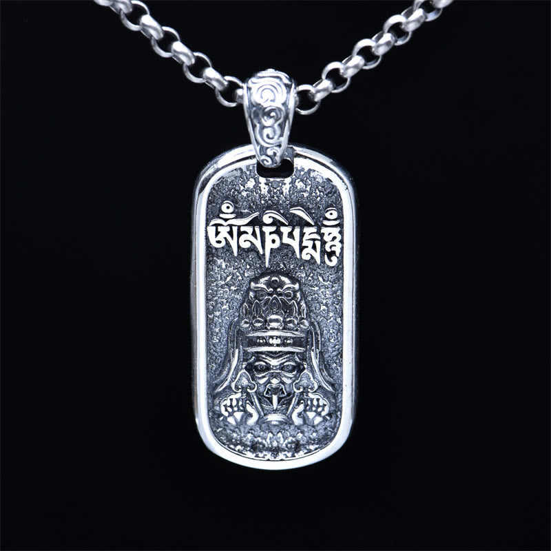 Sterling Silver Zakiram Goddess of Wealth Mantra Pendant – front on black background with chain, bold design