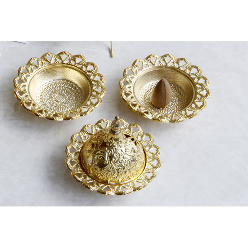 Tibetan Gold Mini Meditation Incense Burner – Three gold pieces laid out: lid, base with cone, dome side view