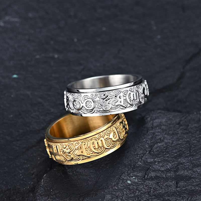 Om Mani Padme Hum Ring – Silver and gold stacked pair showing matching engraved mantra patterns