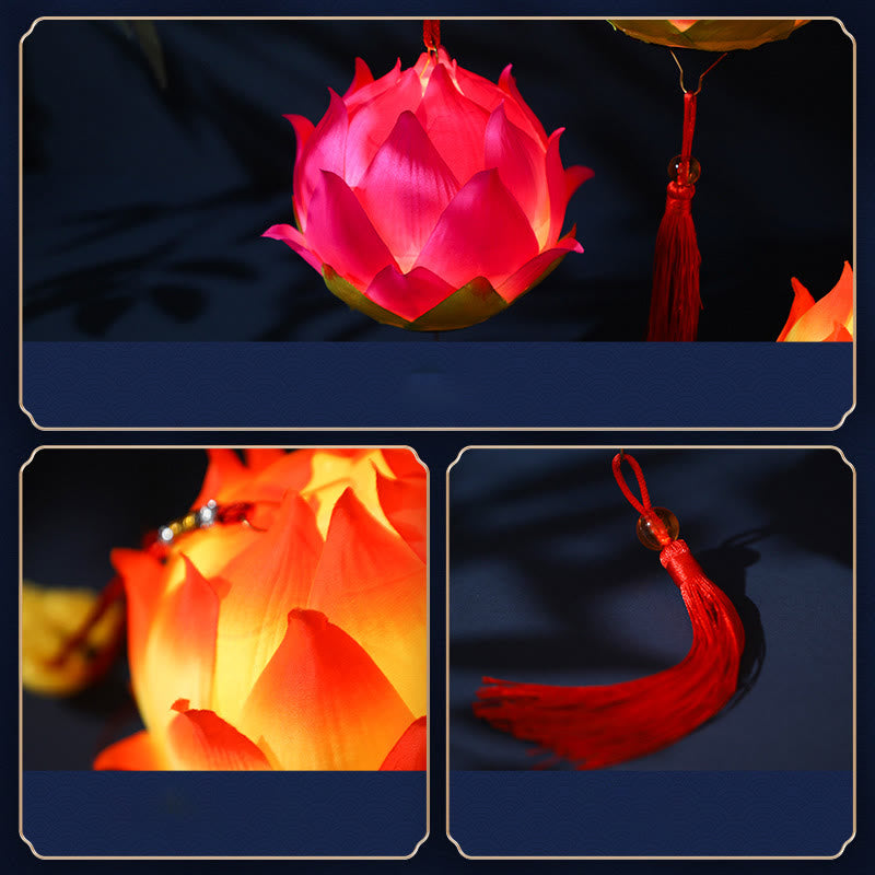 DIY Lotus Dragon Lantern Tassel Lamp – Close-up panels of pink lotus bloom and red tassel on navy silk, Luminous detail