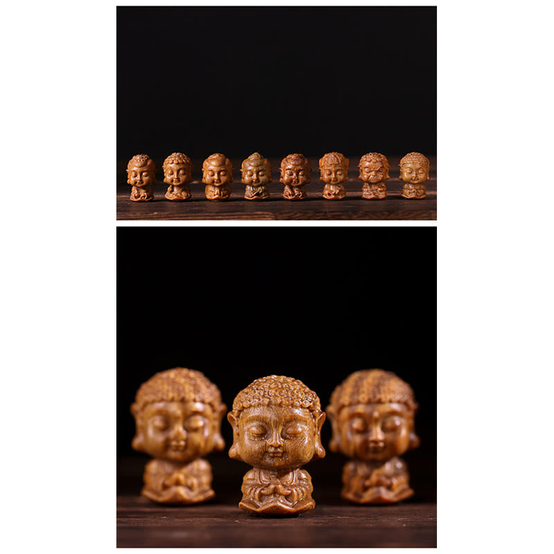 Chinese Zodiac Green Sandalwood Buddha – collection of eight Buddha heads on black backdrop, Premium