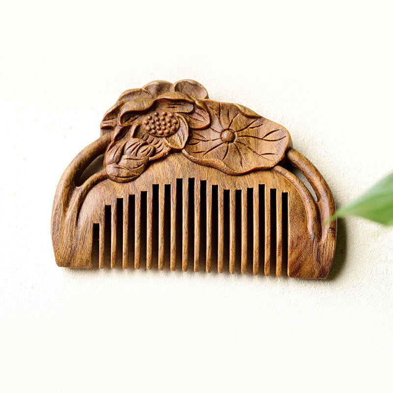 Green Sandalwood Lotus Leaf Engraved Soothing Comb, image 5