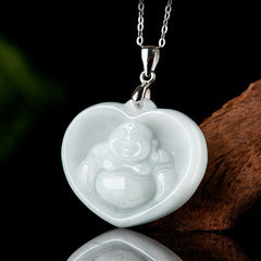 Laughing Buddha White Jade Luck Blessing Titanium Steel Necklace Pendant – Hand-carved white jade Buddha charm