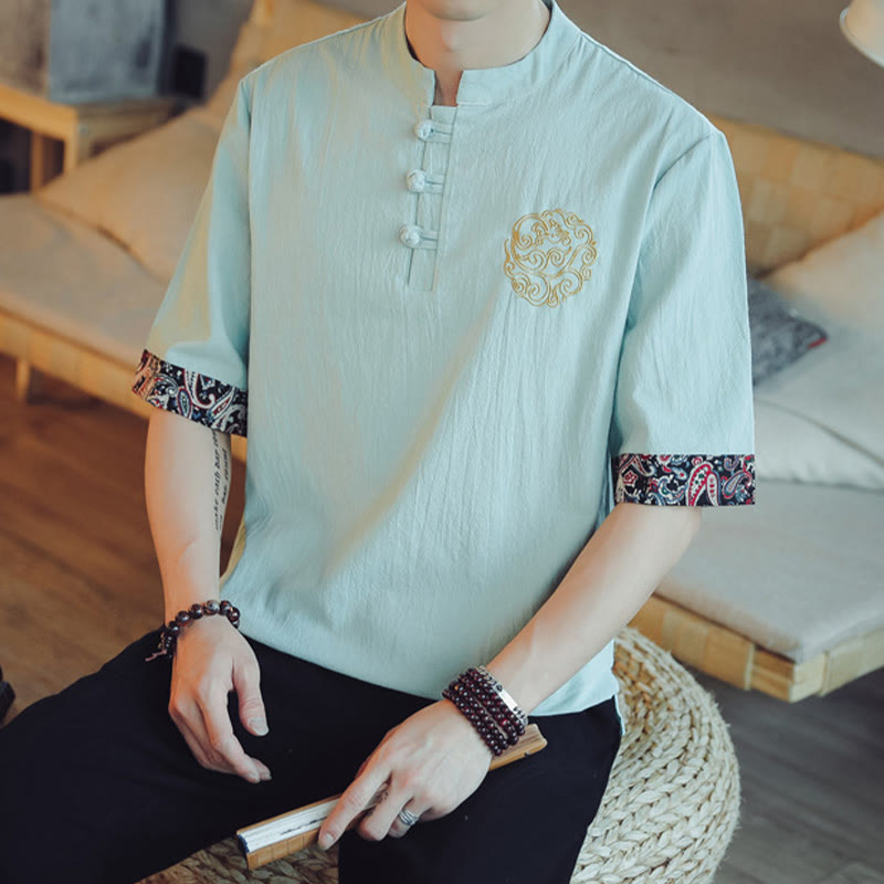 Dragon Embroidery Frog-Button Linen Tang Suit Shirt - Teal sleeve with gold cloud motif, elegant