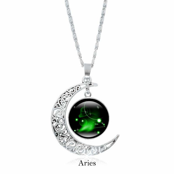 Zodiac Moon Protection Copper Necklace - Silver crescent moon with Aries zodiac constellation cabochon in green nebula glow on black starry background