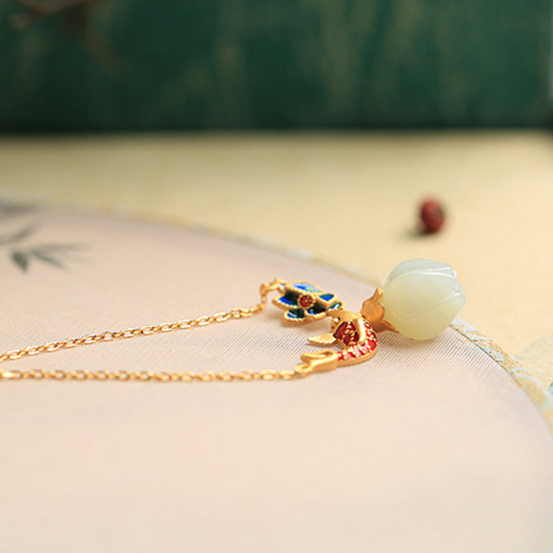 White Jade Koi Fish Necklace – jade lotus pendant with koi and blue flower charms on bamboo silk, Chinese jewelry